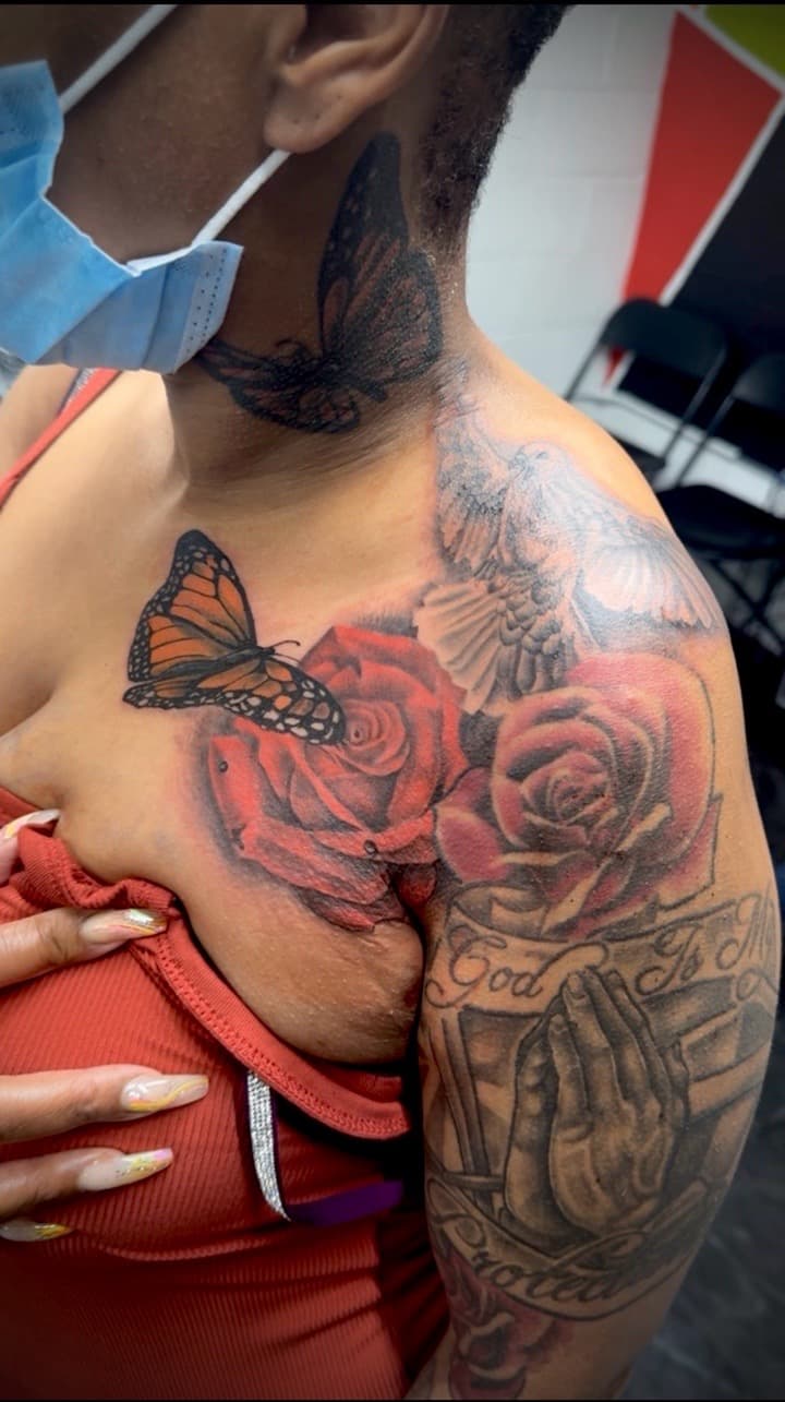 Color + Black & Grey butterfly tattoo on Chest by Juggin_Ink_Studios on TattMe