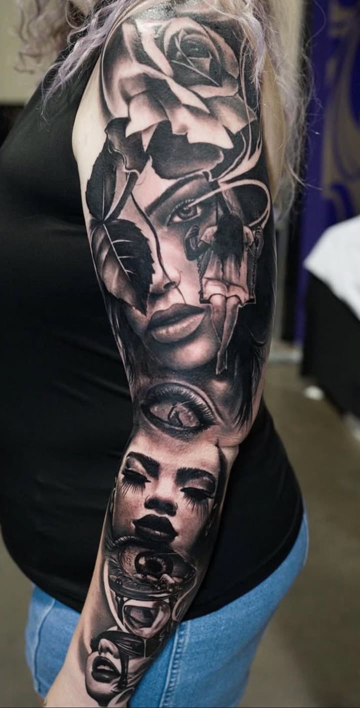 Black & Grey + Realism roses tattoo on Full Sleeve by Satchmoe_Art on TattMe