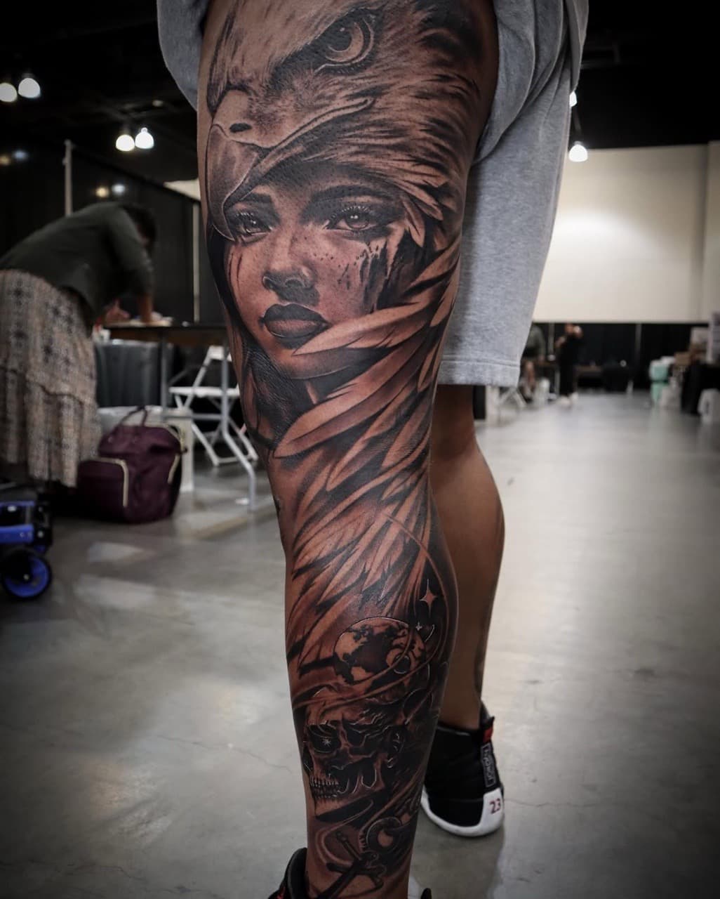 Black & Grey + Realism eagle tattoo on Full Leg Sleeve by Satchmoe_Art on TattMe