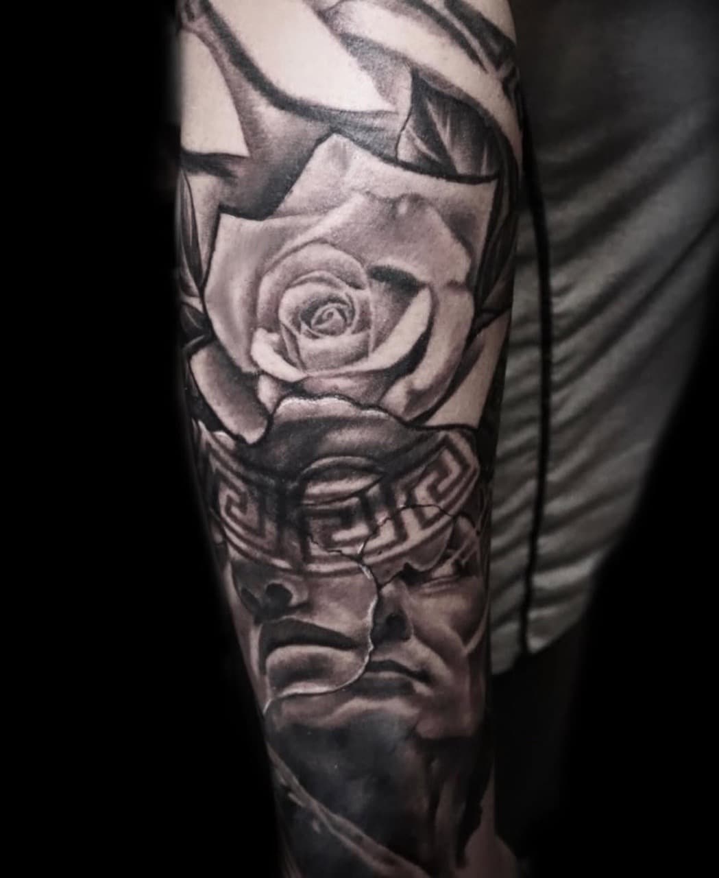 Black & Grey + Realism rose tattoo on Upper Arm by Satchmoe_Art on TattMe