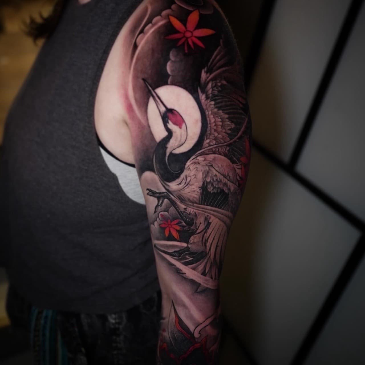 Japanese + Black & Grey crane tattoo on Full Sleeve by Satchmoe_Art on TattMe