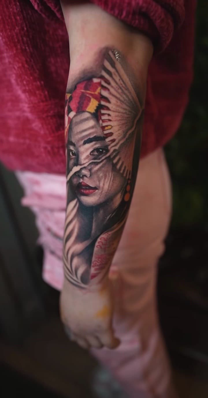 Realism + Portrait woman tattoo on Half Sleeve by Satchmoe_Art on TattMe