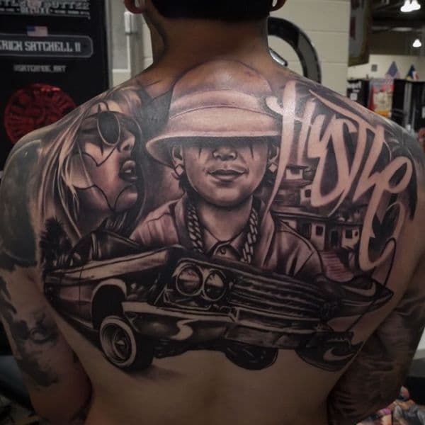 Chicano + Black & Grey person tattoo on Upper Back by Satchmoe_Art on TattMe
