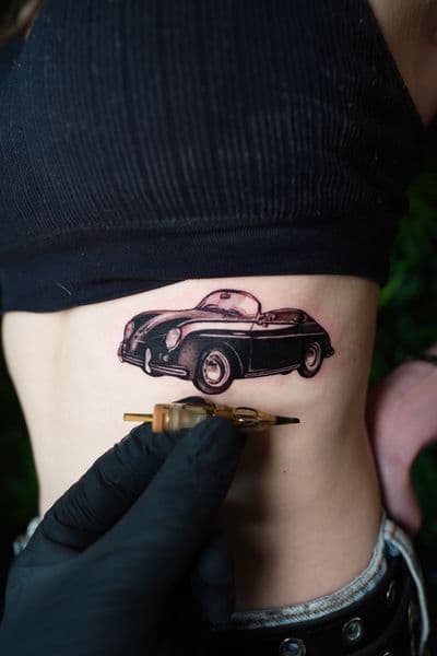 Black & Grey + Fine Line classic car tattoo on Ribs by Satchmoe_Art on TattMe
