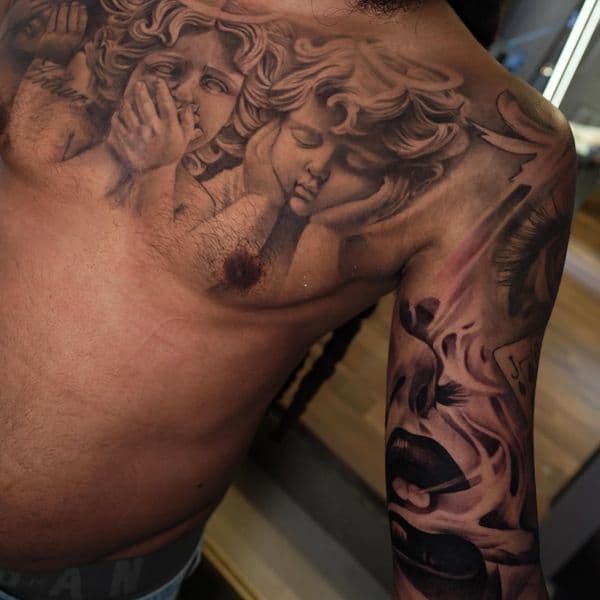 Black & Grey + Realism cherubs tattoo on Chest by Satchmoe_Art on TattMe