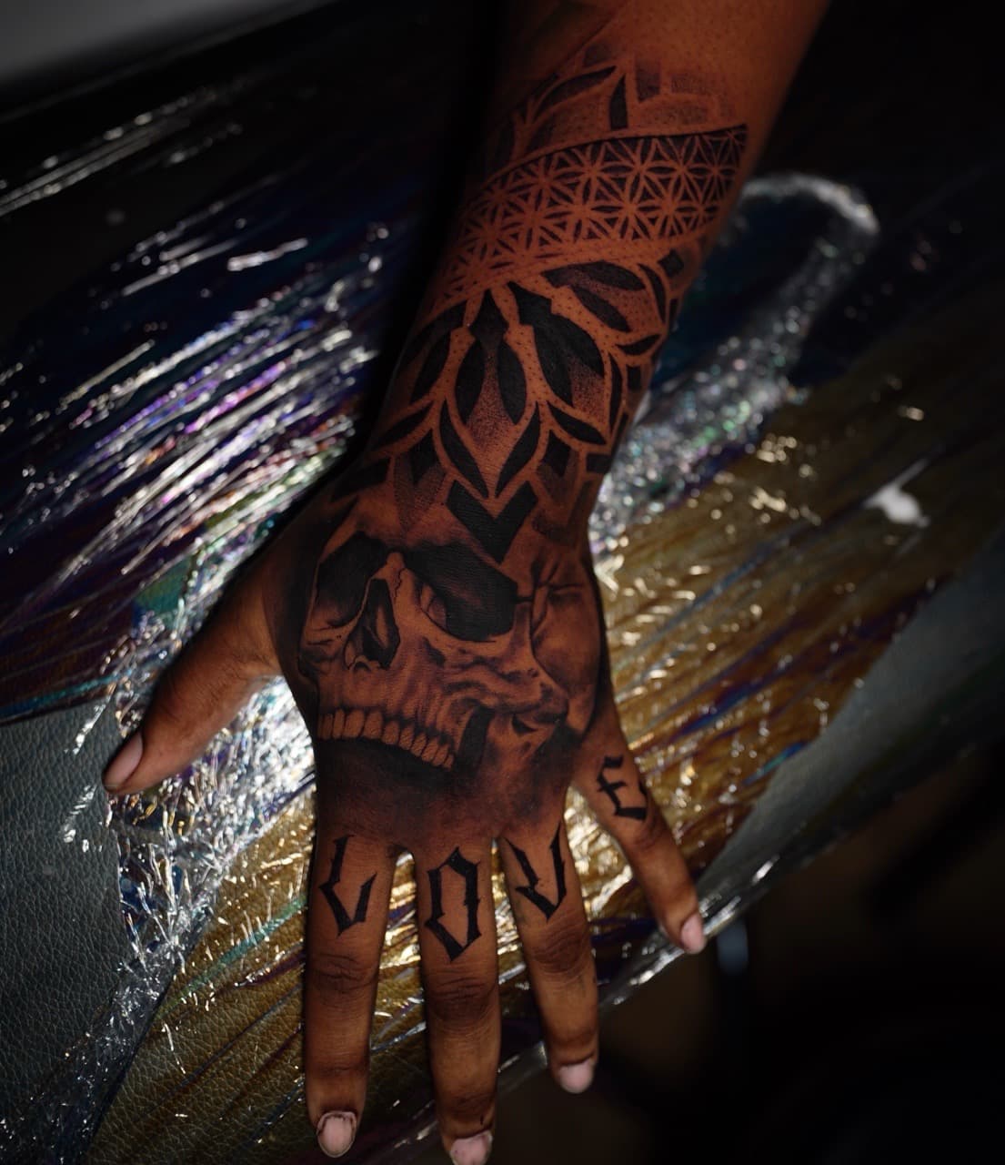 Black-work + Geometric skull tattoo on Hand by Satchmoe_Art on TattMe