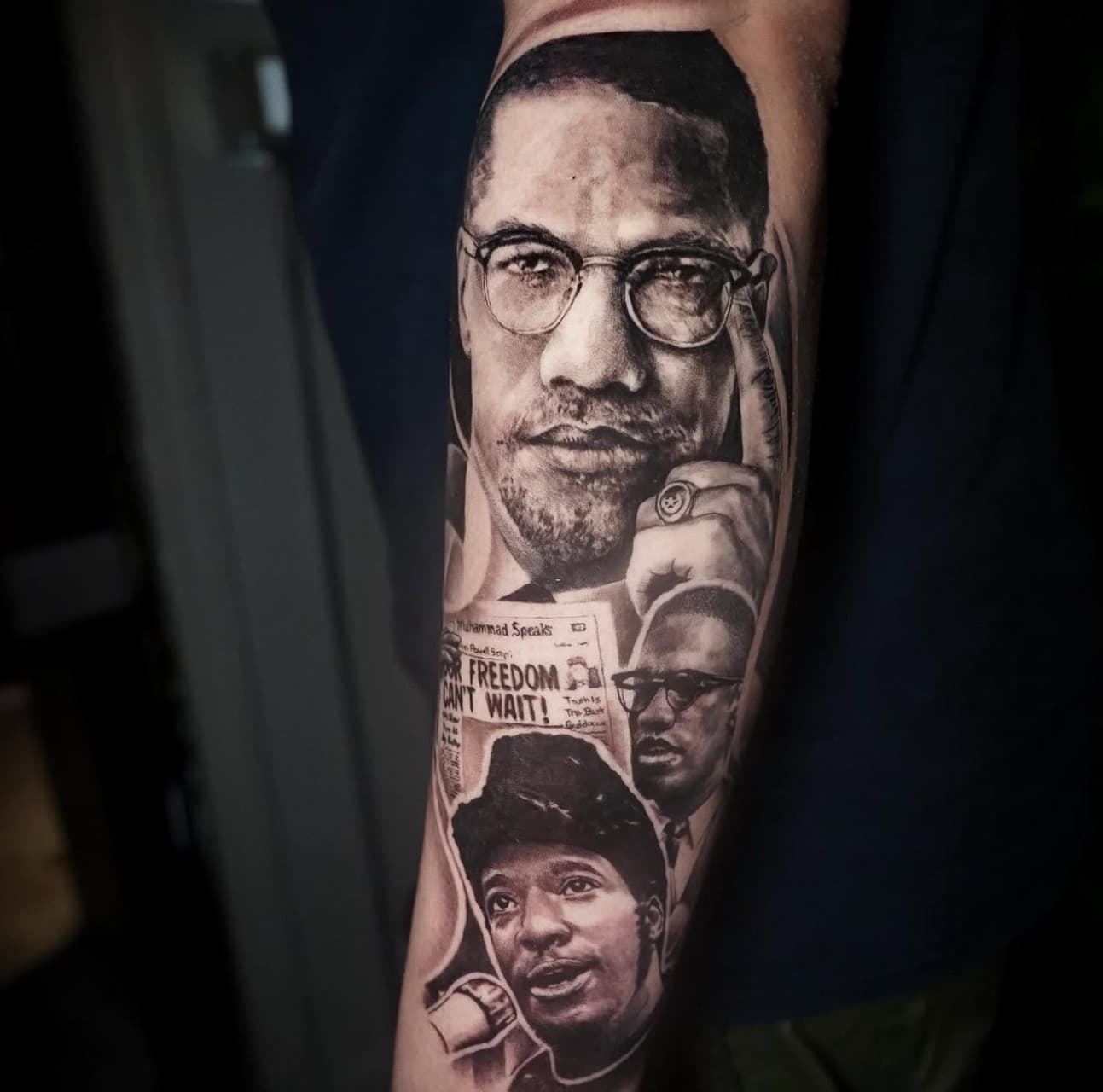 Realism + Black & Grey malcolm x tattoo on Forearm by Satchmoe_Art on TattMe