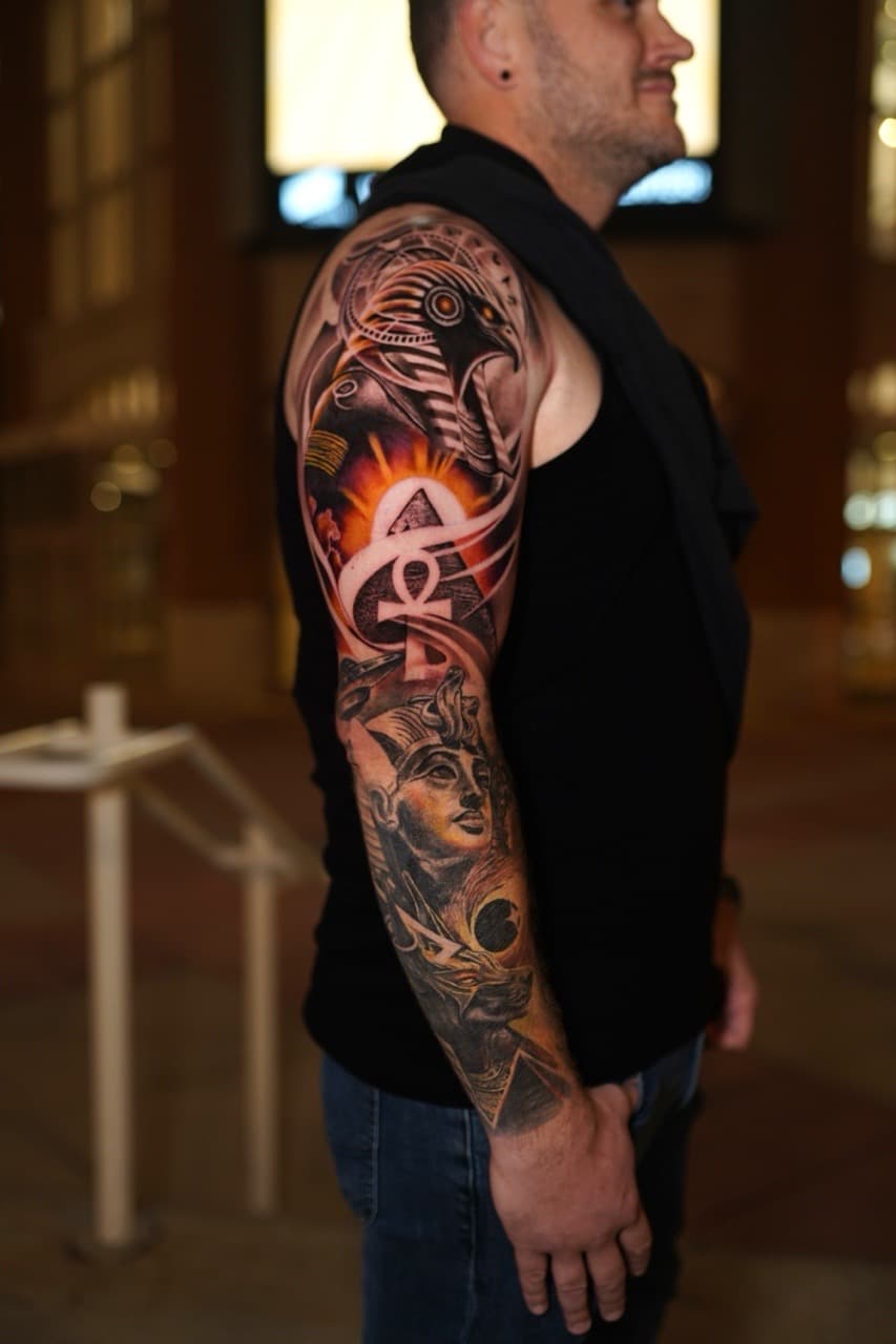 Realism + Illustrative horus tattoo on Full Sleeve by Satchmoe_Art on TattMe