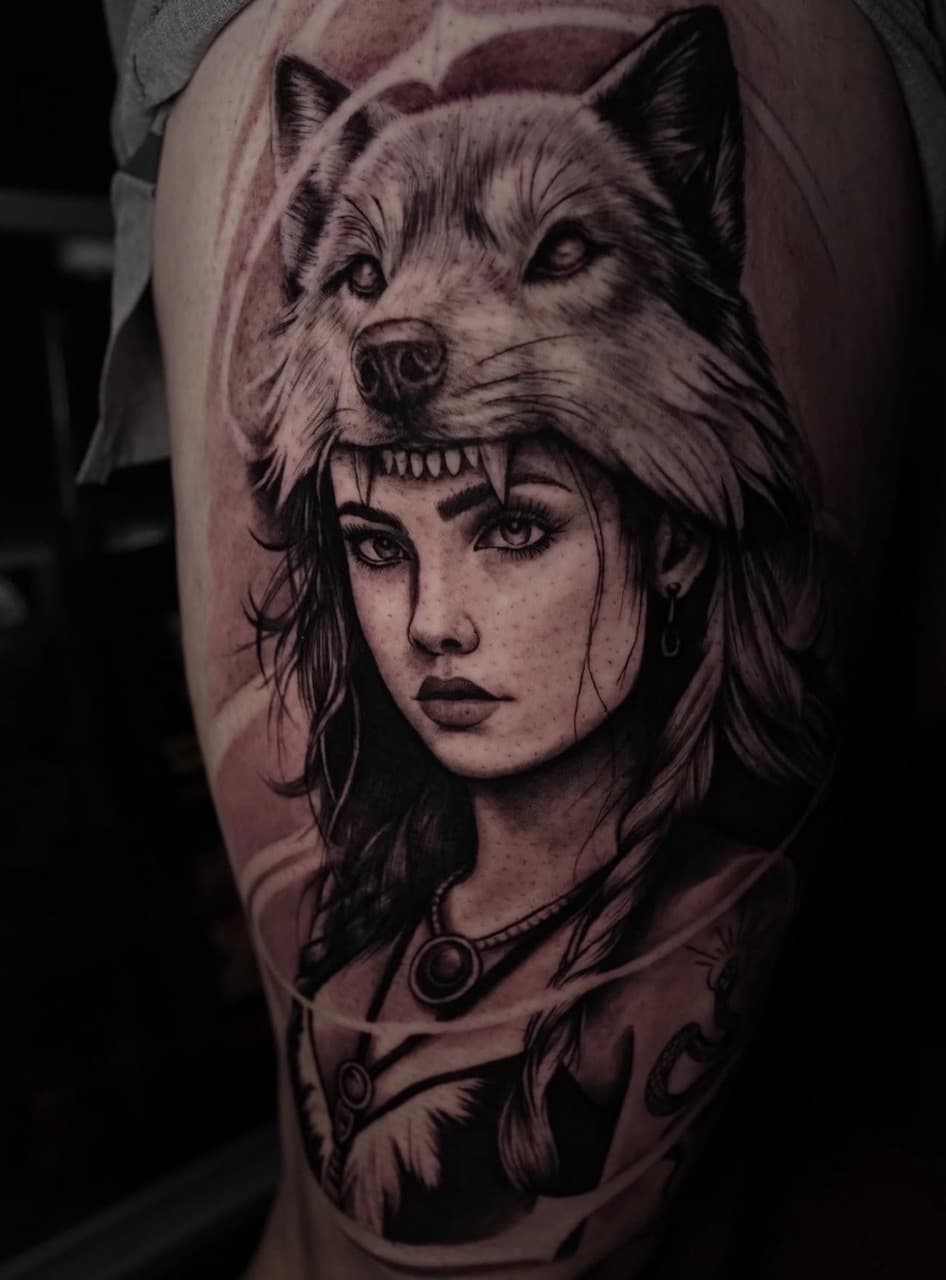 Black & Grey + Realism woman tattoo on Thigh by Satchmoe_Art on TattMe