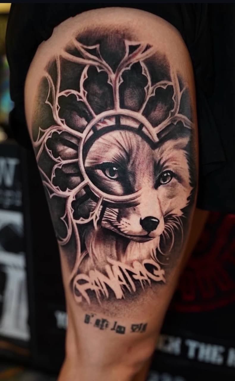 Black & Grey + Realism fox tattoo on Upper Arm by Satchmoe_Art on TattMe