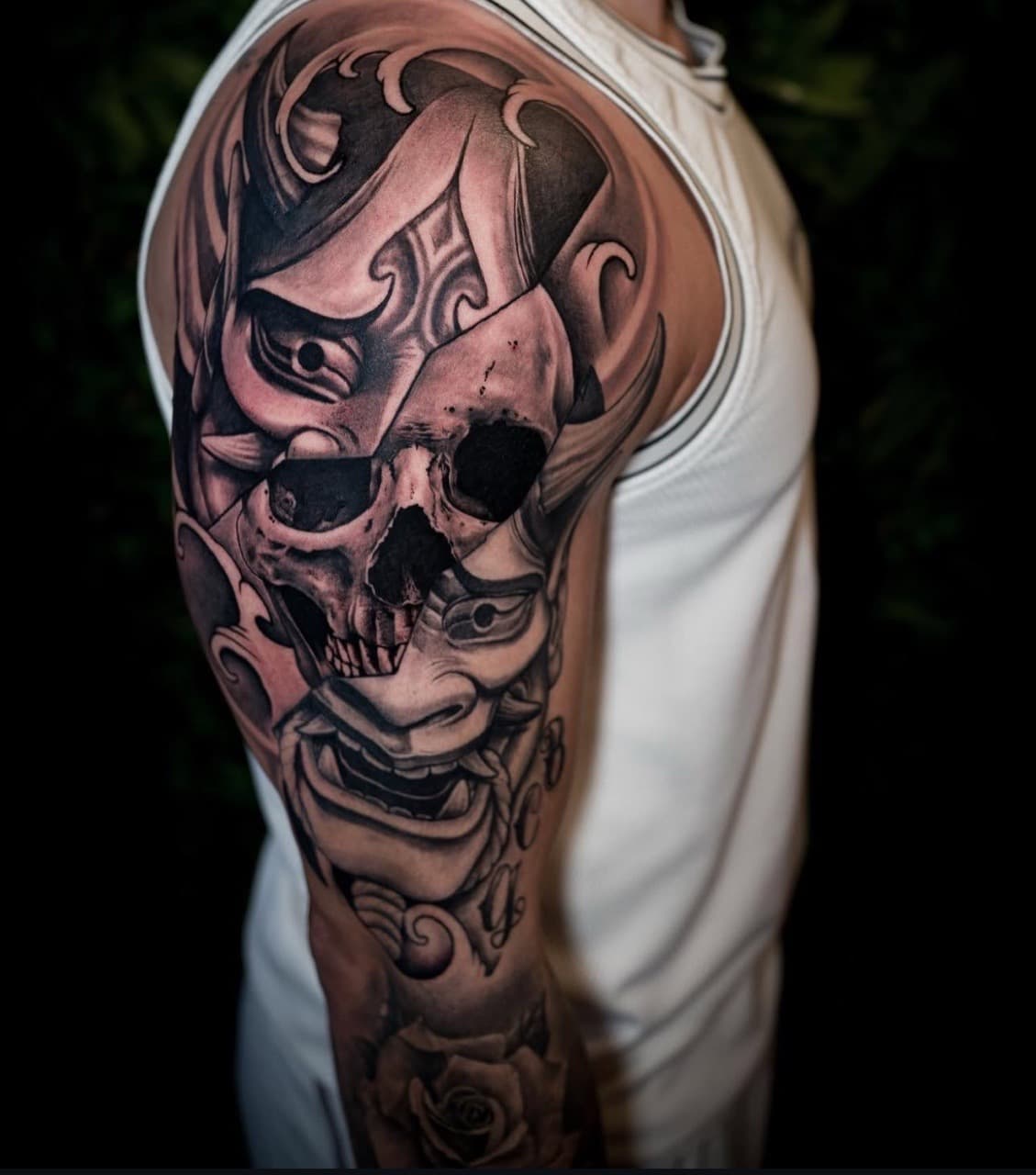Black & Grey + Japanese skull tattoo on Half Sleeve by Satchmoe_Art on TattMe