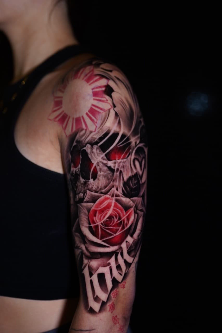 Black & Grey + Color roses tattoo on Shoulder by Satchmoe_Art on TattMe