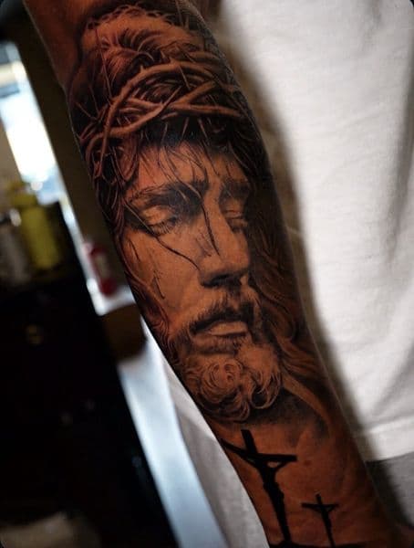 Realism + Black & Grey jesus tattoo on Forearm by Satchmoe_Art on TattMe