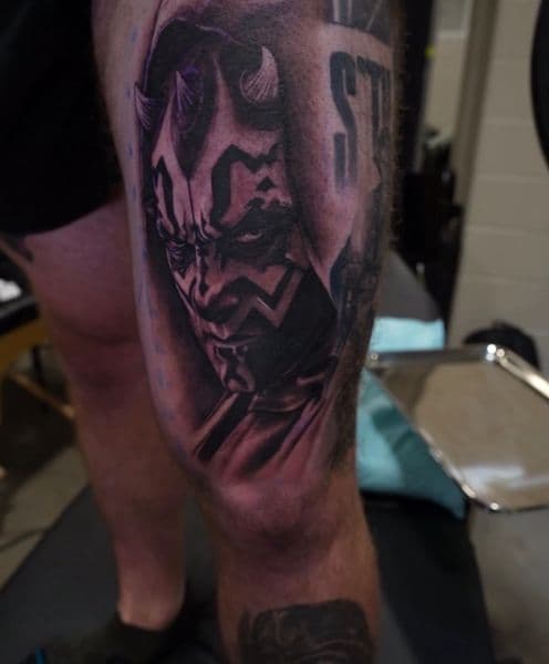 Black & Grey + Realism darth maul tattoo on Thigh by Satchmoe_Art on TattMe