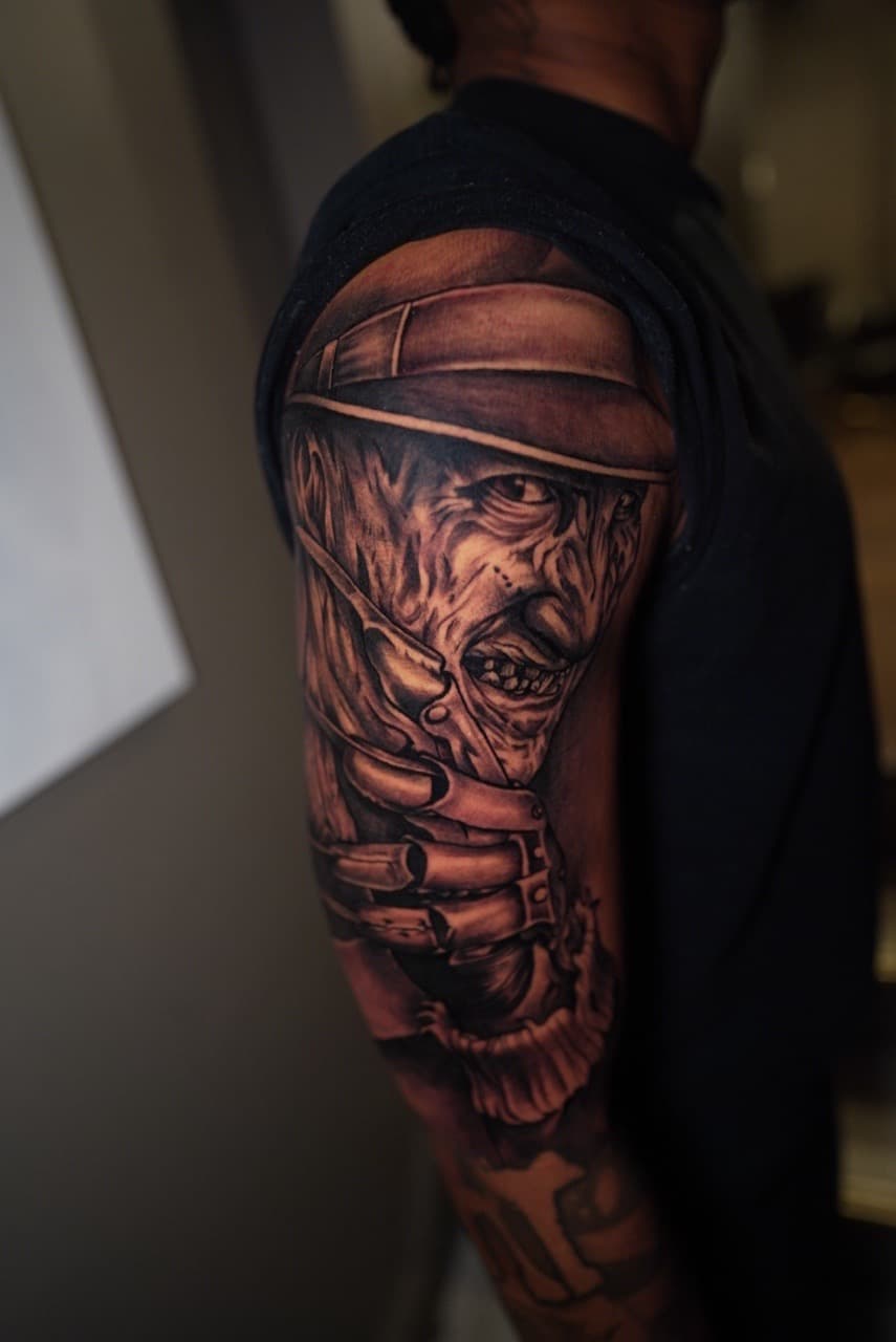 Black & Grey + Realism freddy krueger tattoo on Upper Arm by Satchmoe_Art on TattMe