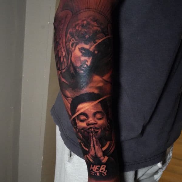 Realism + Black & Grey angel tattoo on Forearm by Satchmoe_Art on TattMe