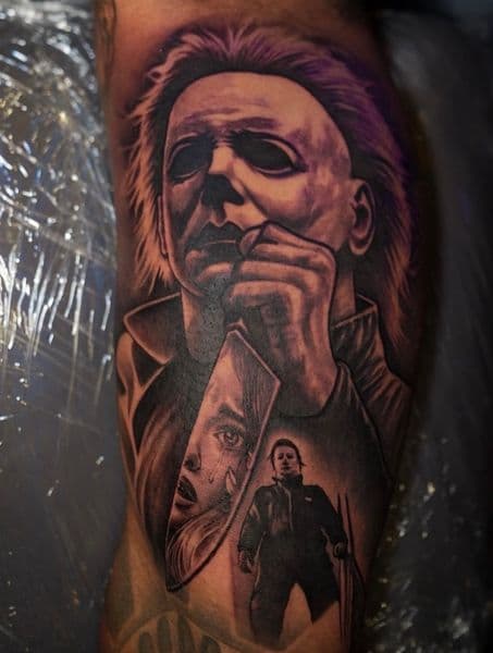 Realism + Black & Grey michael myers tattoo on Upper Arm by Satchmoe_Art on TattMe