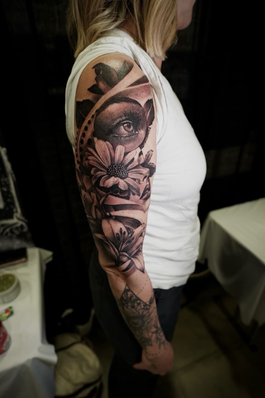 Black & Grey + Realism eye tattoo on Full Sleeve by Satchmoe_Art on TattMe