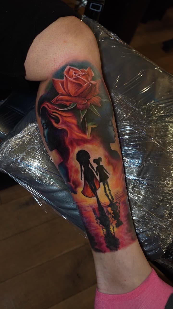 Color + Illustrative rose tattoo on Calf by Satchmoe_Art on TattMe
