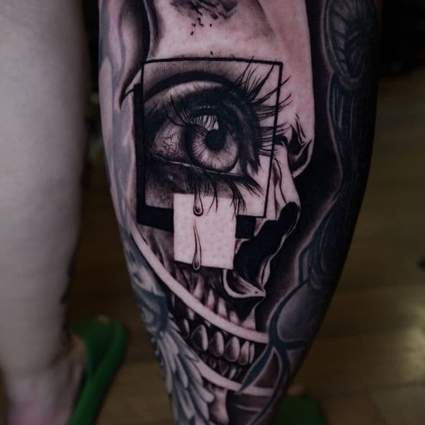 Black & Grey + Realism eye tattoo on Calf by Satchmoe_Art on TattMe