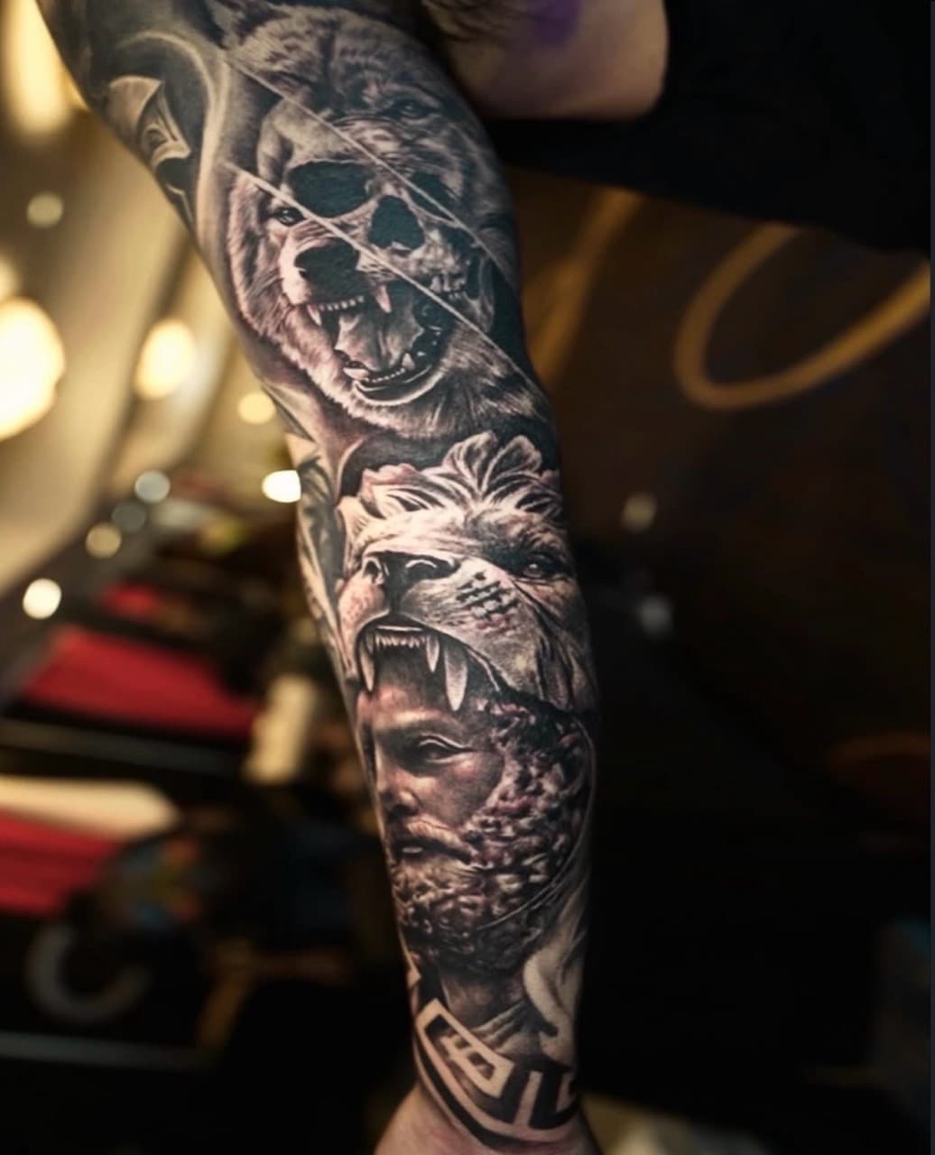 Black & Grey + Realism wolf tattoo on Full Sleeve by Satchmoe_Art on TattMe