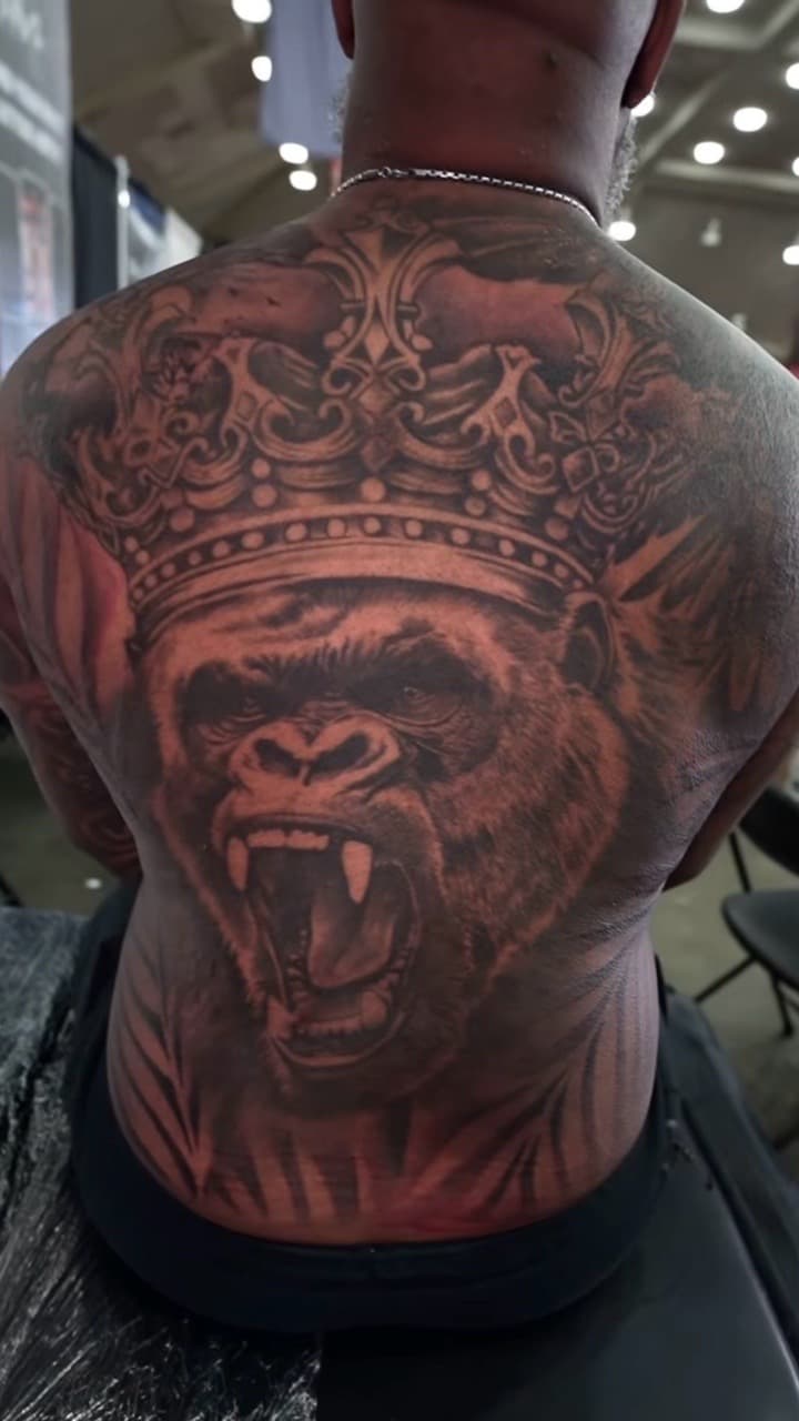 Black & Grey + Realism gorilla tattoo on Upper Back by Satchmoe_Art on TattMe