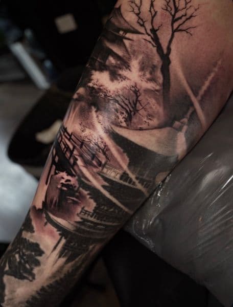 Black & Grey + Japanese pagoda tattoo on Forearm by Satchmoe_Art on TattMe