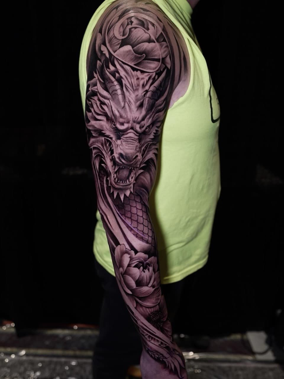 Black & Grey + Realism dragon tattoo on Full Sleeve by Satchmoe_Art on TattMe