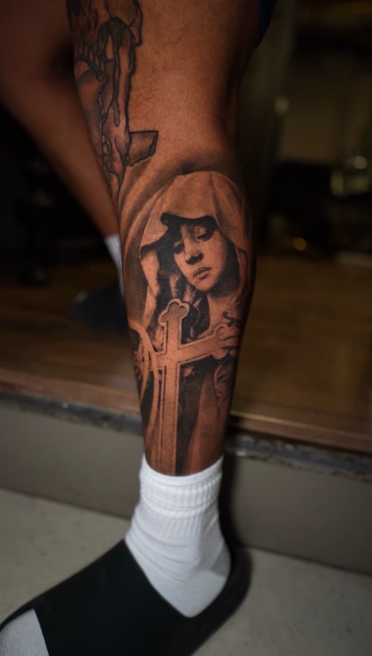 Black & Grey + Realism woman tattoo on Calf by Satchmoe_Art on TattMe