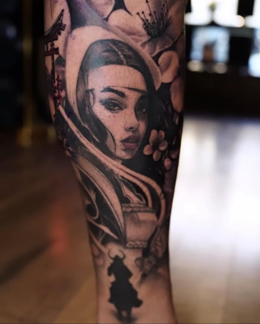 Black & Grey + Japanese woman tattoo on Calf by Satchmoe_Art on TattMe