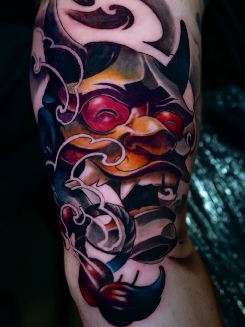 Japanese + Color oni mask tattoo on Upper Arm by Satchmoe_Art on TattMe