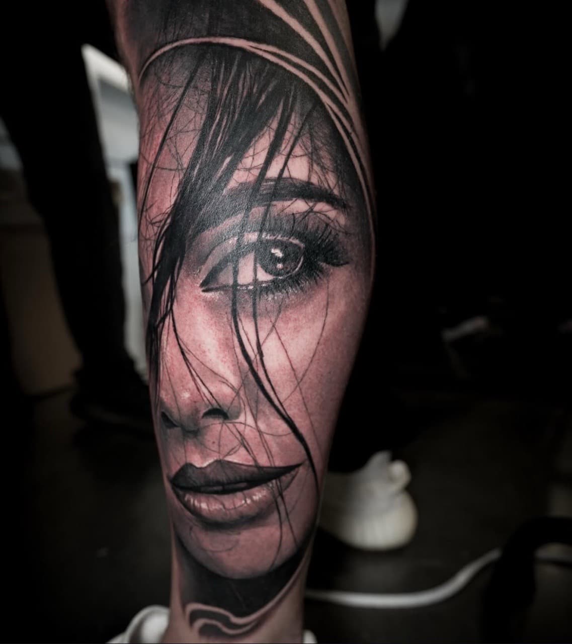 Realism + Black & Grey woman tattoo on Calf by Satchmoe_Art on TattMe