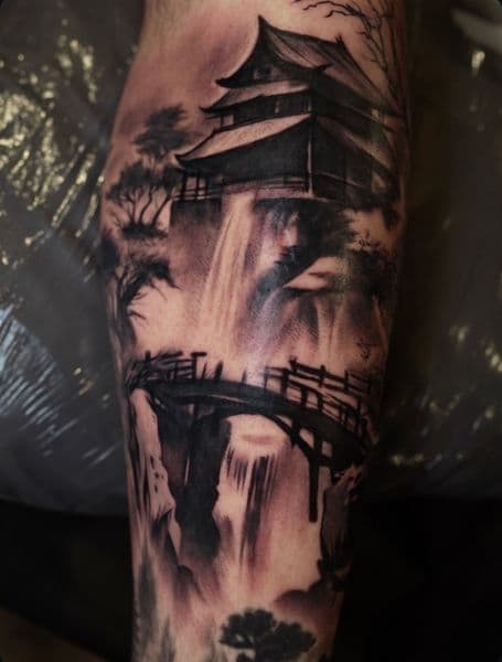 Black & Grey + Japanese pagoda tattoo on Calf by Satchmoe_Art on TattMe