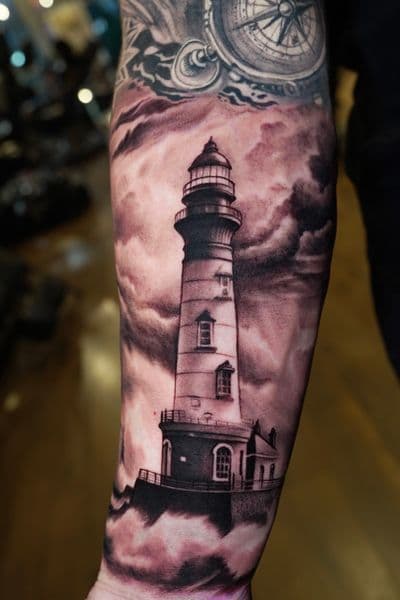 Black & Grey + Realism lighthouse tattoo on Forearm by Satchmoe_Art on TattMe