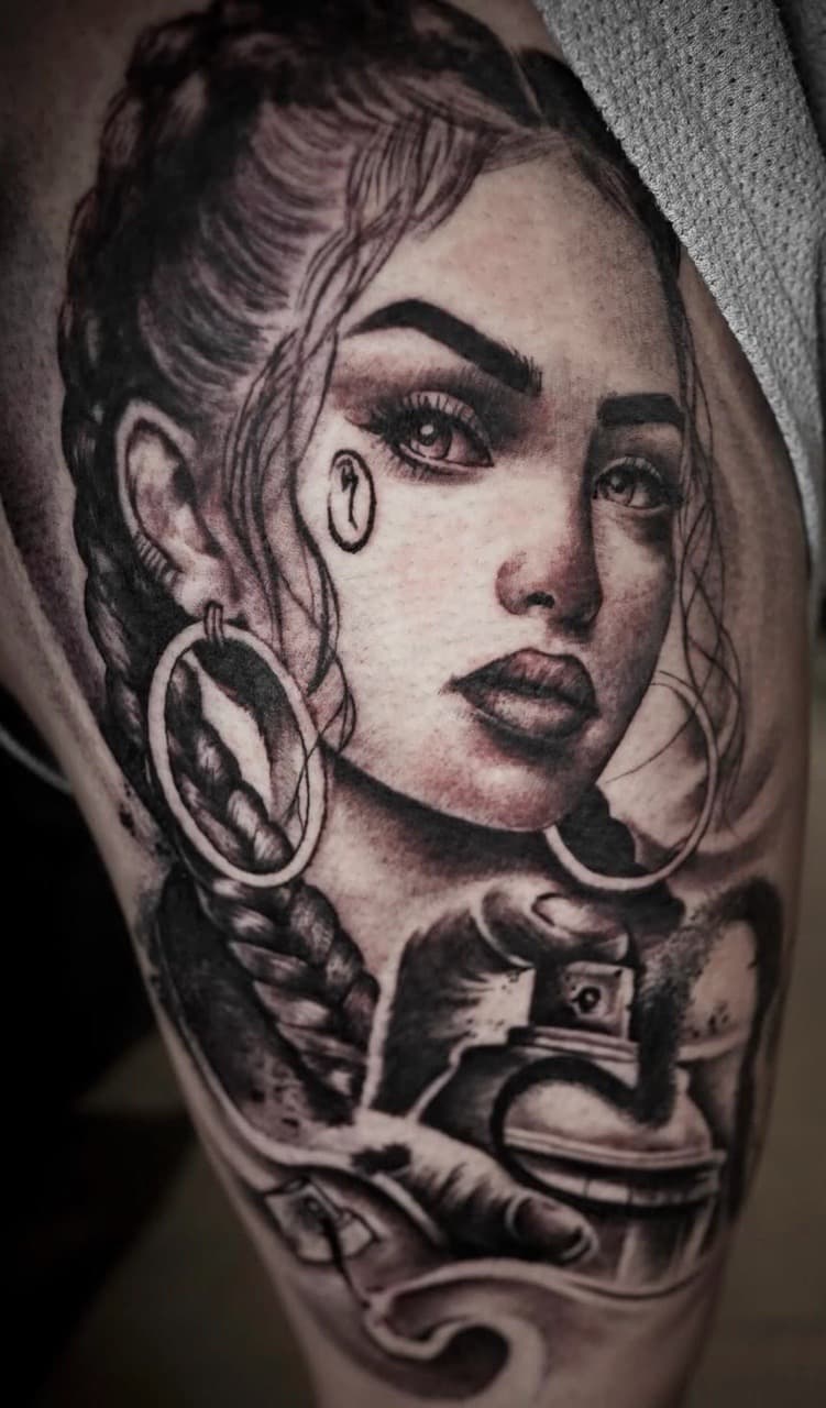 Black & Grey + Realism woman tattoo on Upper Arm by Satchmoe_Art on TattMe