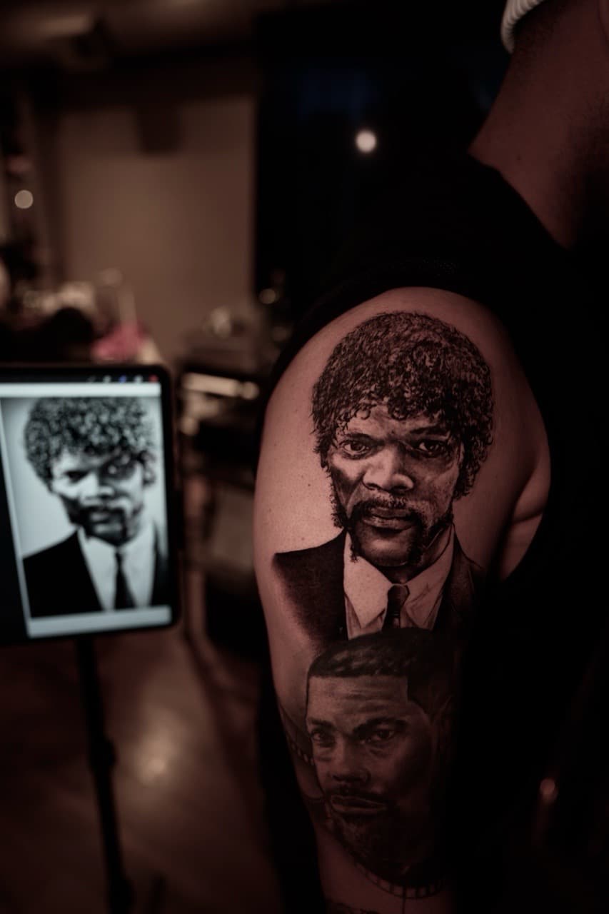 Black & Grey + Realism portraits tattoo on Upper Arm by Satchmoe_Art on TattMe