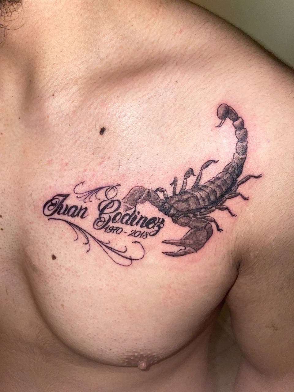 Black & Grey + Lettering scorpion tattoo on Chest by ArtIsTatts on TattMe