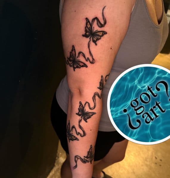Fine Line + Black & Grey butterflies tattoo on Upper Arm by ArtIsTatts on TattMe