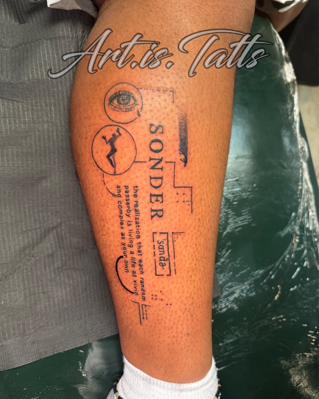 Fine Line + Lettering eye tattoo on Calf by ArtIsTatts on TattMe