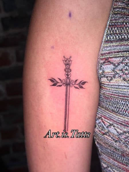 Fine Line + Black-work sword tattoo on Upper Arm by ArtIsTatts on TattMe