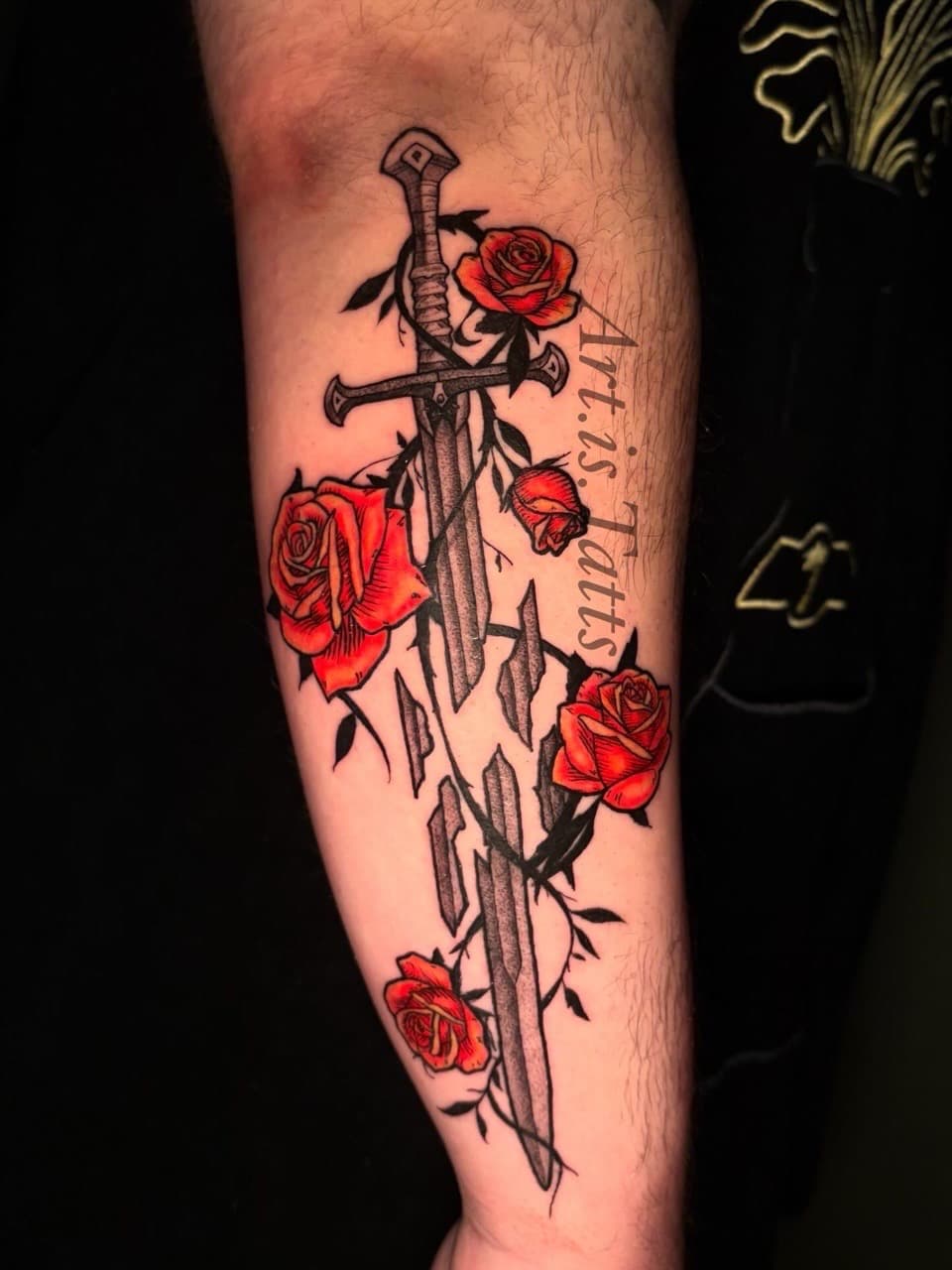 Neo-Traditional + Color sword tattoo on Forearm by ArtIsTatts on TattMe