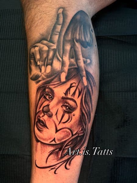Black & Grey + Realism woman tattoo on Calf by ArtIsTatts on TattMe