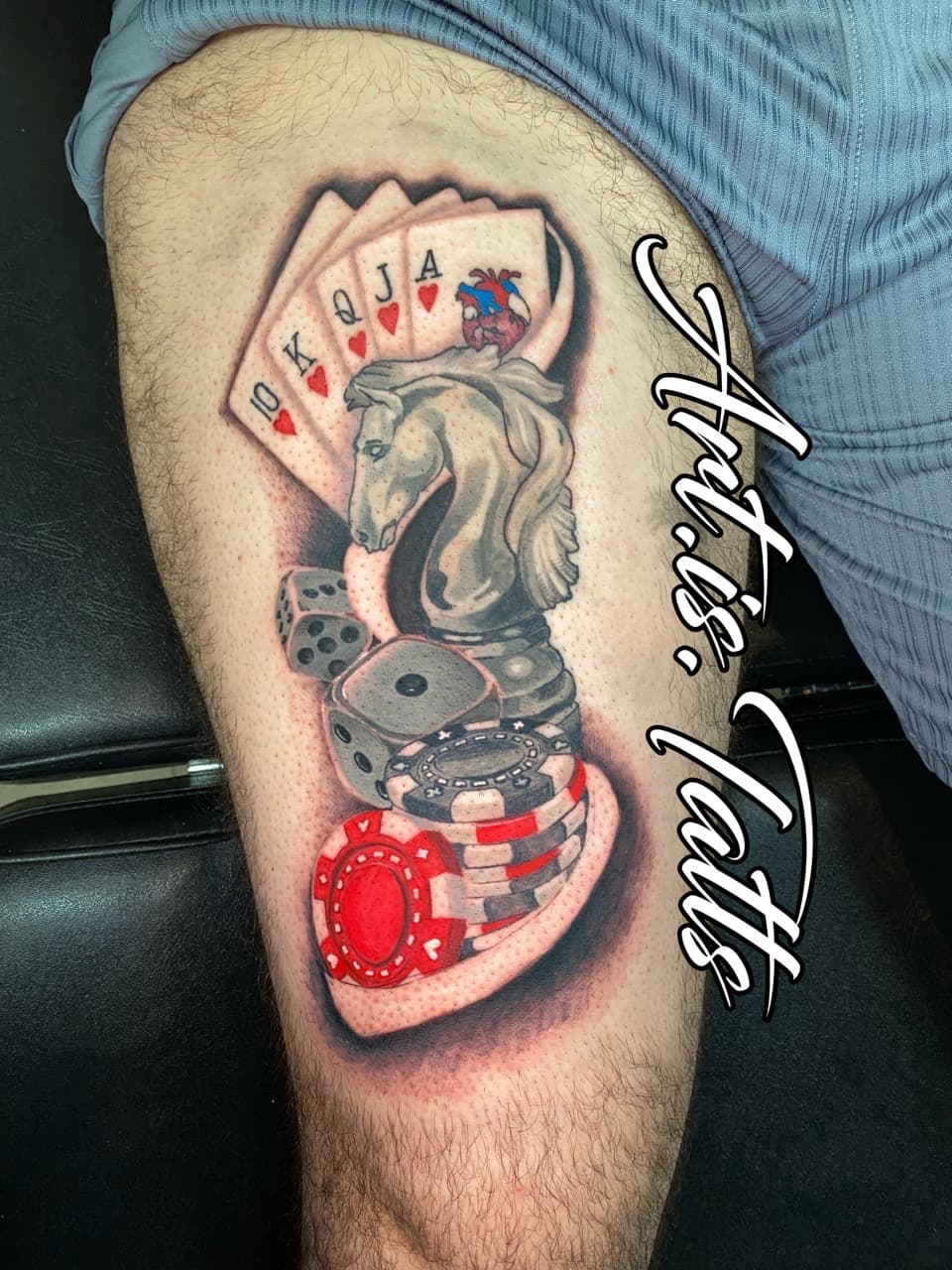 Illustrative + Black & Grey playing cards tattoo on Thigh by ArtIsTatts on TattMe