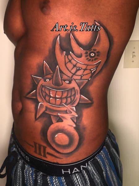 Black & Grey + Illustrative sun tattoo on Ribs by ArtIsTatts on TattMe