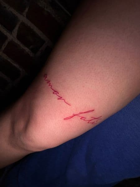 Lettering + Script lettering tattoo on Thigh by ArtIsTatts on TattMe