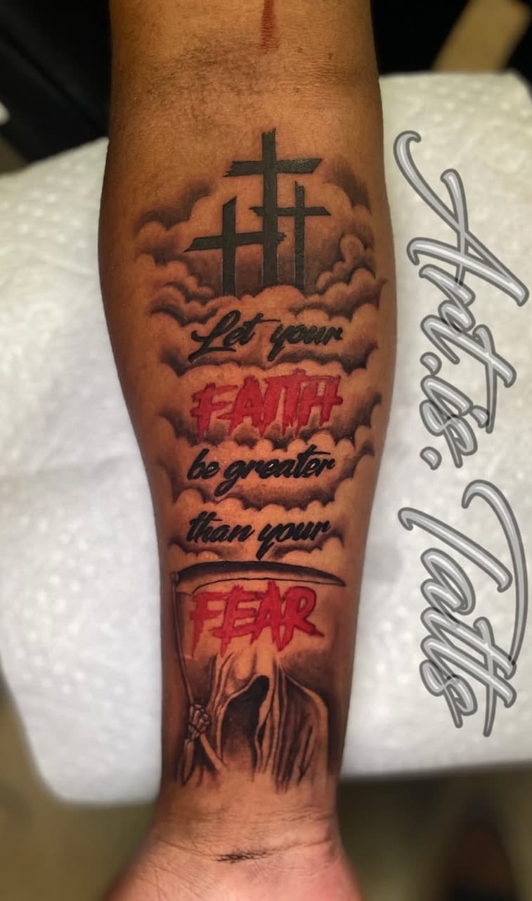 Black & Grey + Lettering crosses tattoo on Forearm by ArtIsTatts on TattMe