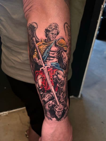 Illustrative + Realism angel tattoo on Forearm by ArtIsTatts on TattMe