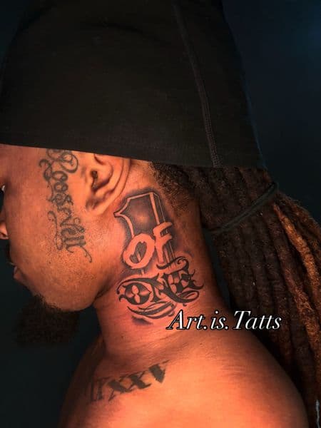 Lettering + Script lettering tattoo on Neck (Side) by ArtIsTatts on TattMe