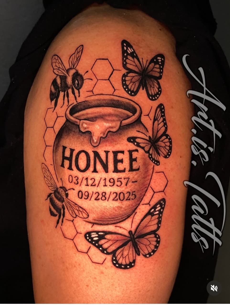 Black & Grey + Illustrative honey pot tattoo on Upper Arm by ArtIsTatts on TattMe