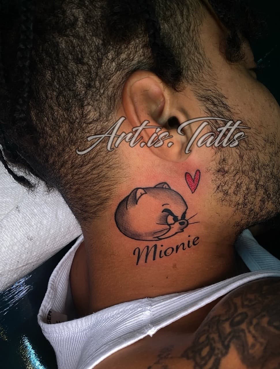 Cartoon + Black & Grey mouse tattoo on Neck (Side) by ArtIsTatts on TattMe